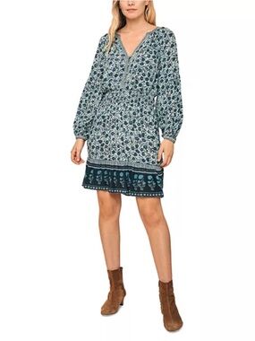 Faherty Teal Floral V-Neck Long Sleeve Mini Dress